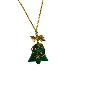 Vintage Holiday Necklace 23 Inch Goldtone Green Bell Pendant Christmas